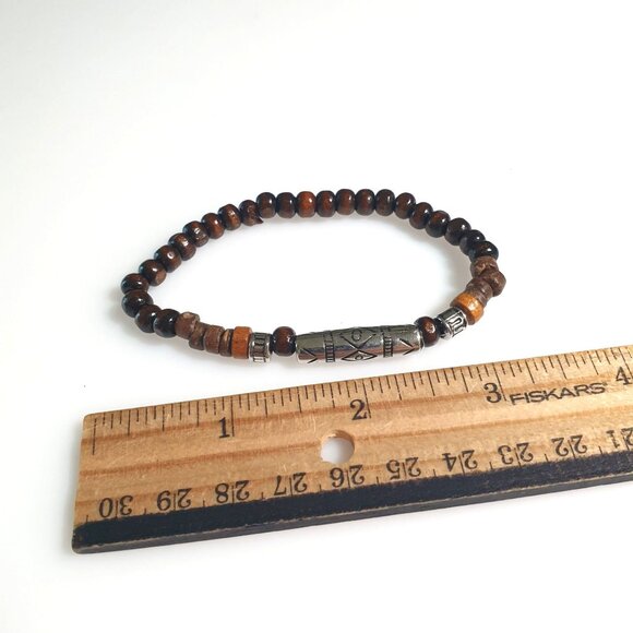 Wood Beaded Bracelet Tribal Accent Stretchable Brown Silver Mixed Material Gift - Picture 3 of 3